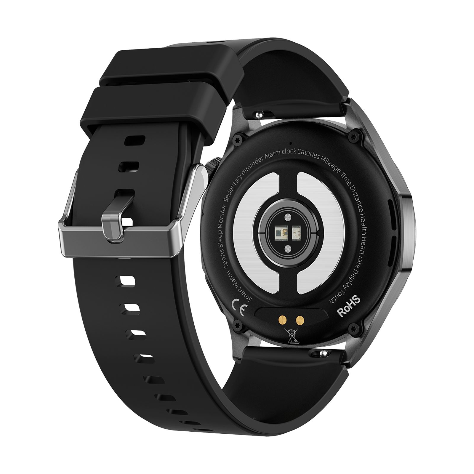Rückseite einer Smartwatch mit schwarzem Armband. Sensoren und Ladekontakte sichtbar. CE-Kennzeichnung und RoHS-Logo.