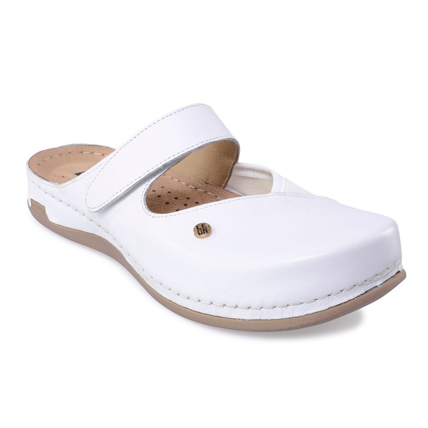 Weiße Leder-Haluxpantolette. Sichtbar: Riemen, braune Sohle, goldfarbenes Logo. Seitenansicht.