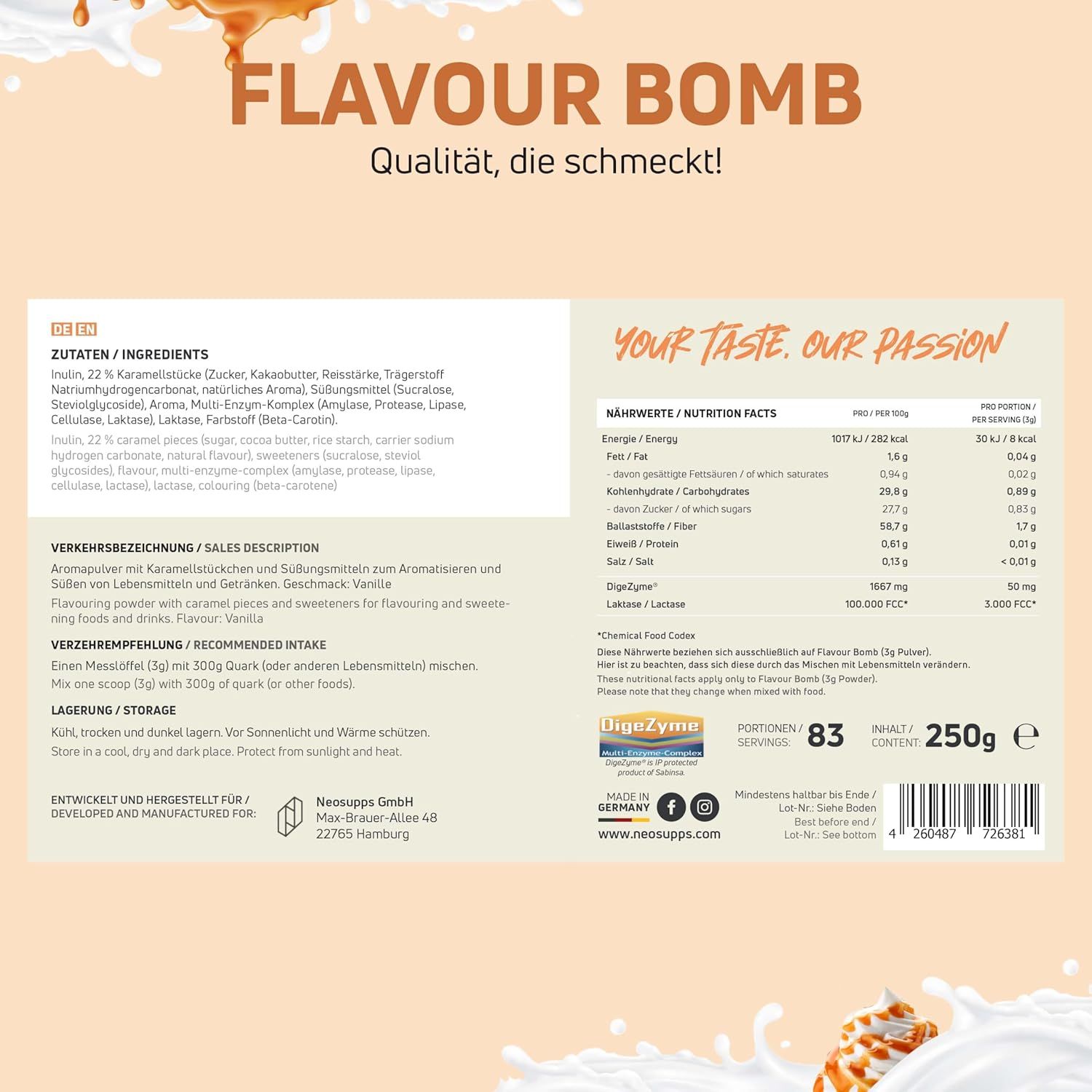 Produktinformationen auf weißem Hintergrund. Text: Flavour Bomb, Zutaten, Nährwertangaben, Verzehrempfehlung, Lagerung.