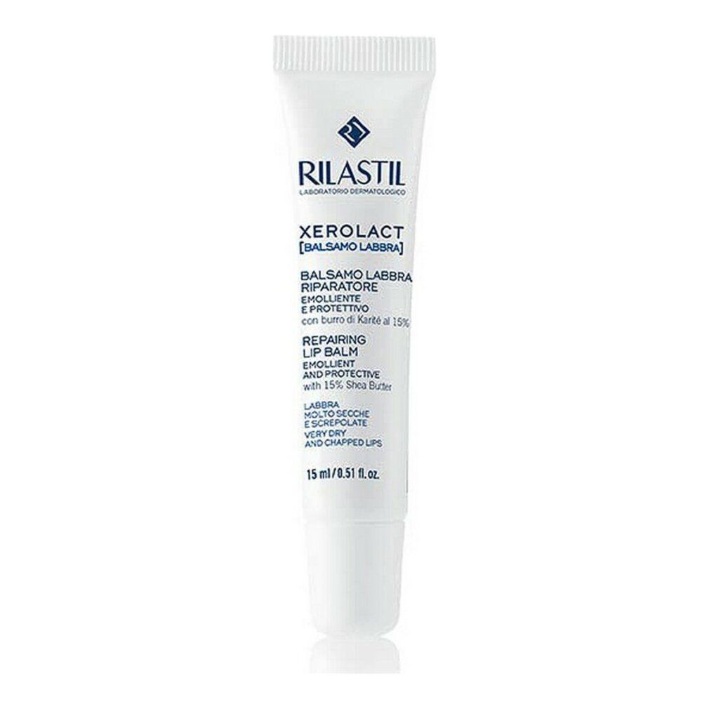 Rilastil Xerolact Balsamo Labb. Weiße Tube mit Lippenbalsam. Text und Logo. 15 ml.