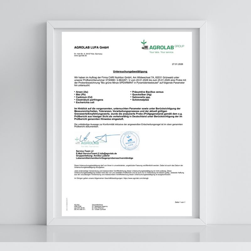 Untersuchungszertifikat von Agrolab Lufa GmbH für CARNI Nutrition Bio Grüne Minze Tee.