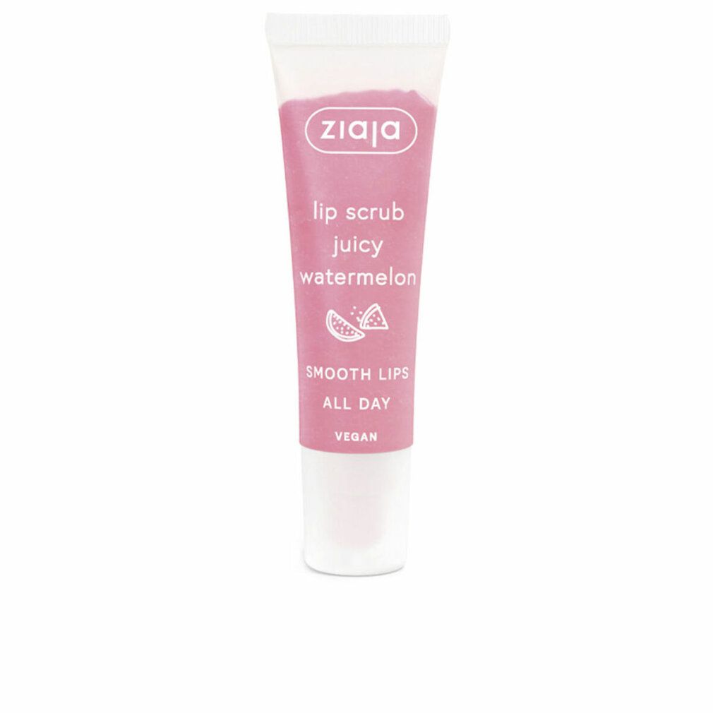 Rosa Lippenpeeling-Tube mit weißem Deckel. Text: "ziaja", "lip scrub juicy watermelon", "smooth lips all day", "vegan".