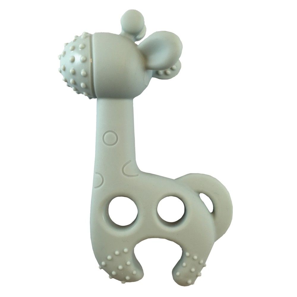 Grauer Beißring in Giraffenform mit Noppen. BPA-, PVC- und phthalatfrei. FCA-zertifiziertes Material.