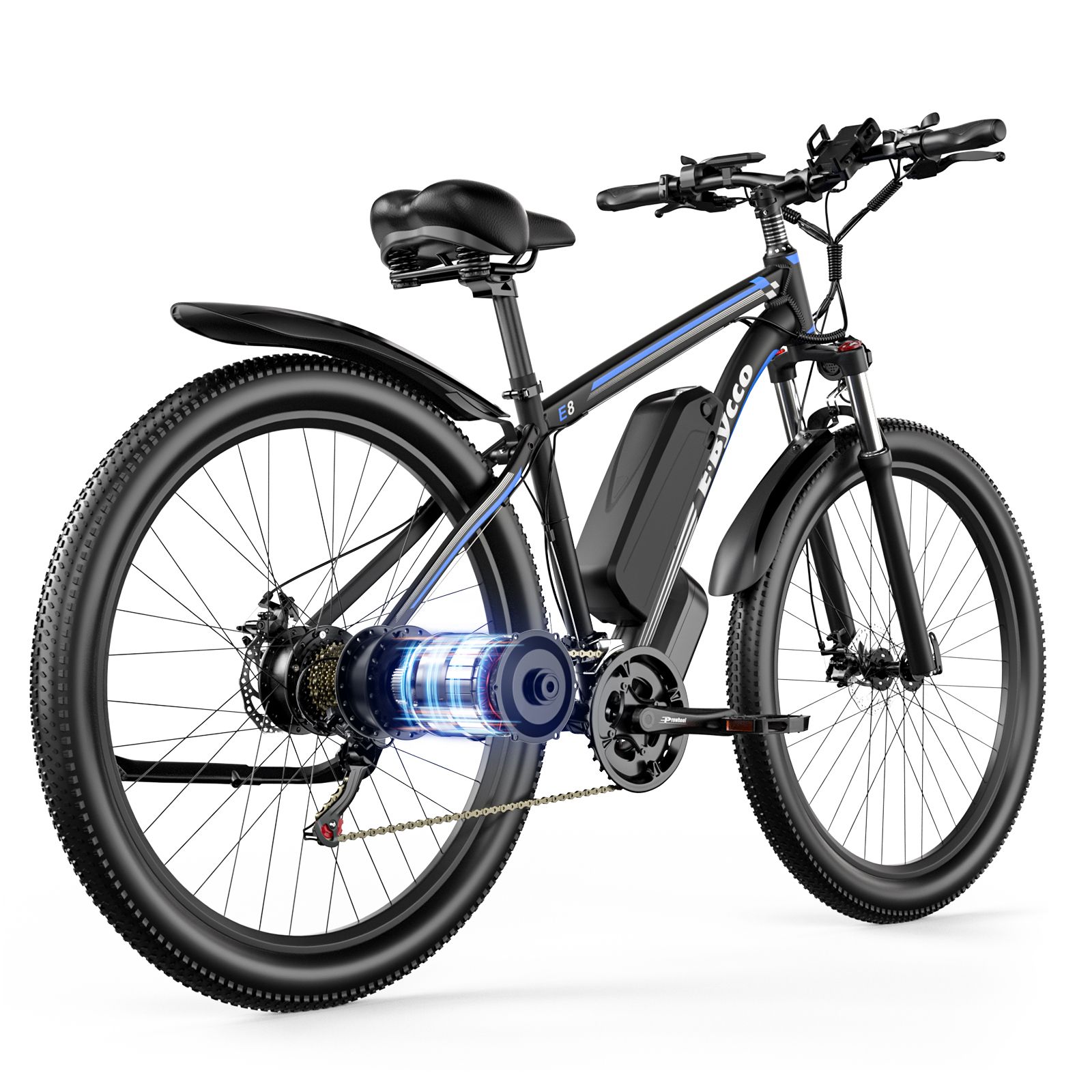 E-Bike mit schwarzem Rahmen, blauen Akzenten und sichtbarem Motor. Schwarze Reifen und Schutzbleche. E·Bycco Logo.