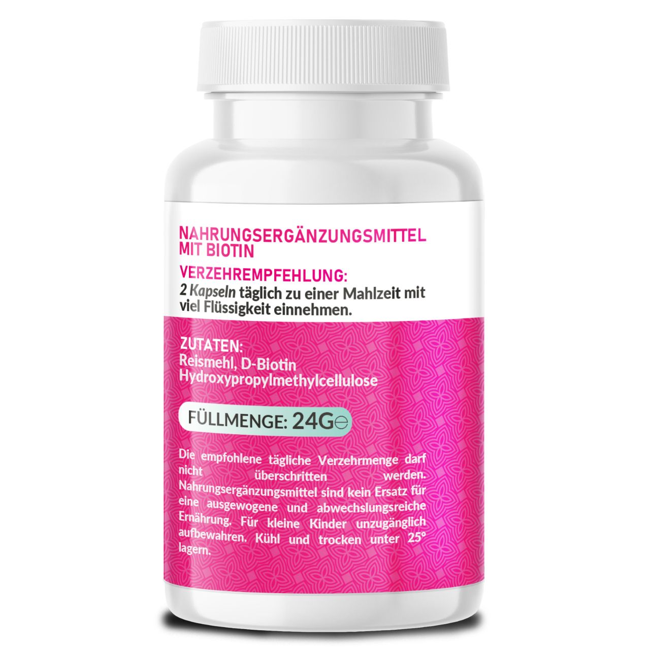 Rückseite der Flasche mit rosa Etikett. Text: Nahrungsergänzungsmittel mit Biotin. Zutaten, Füllmenge: 24g. Verzehrempfehlung.