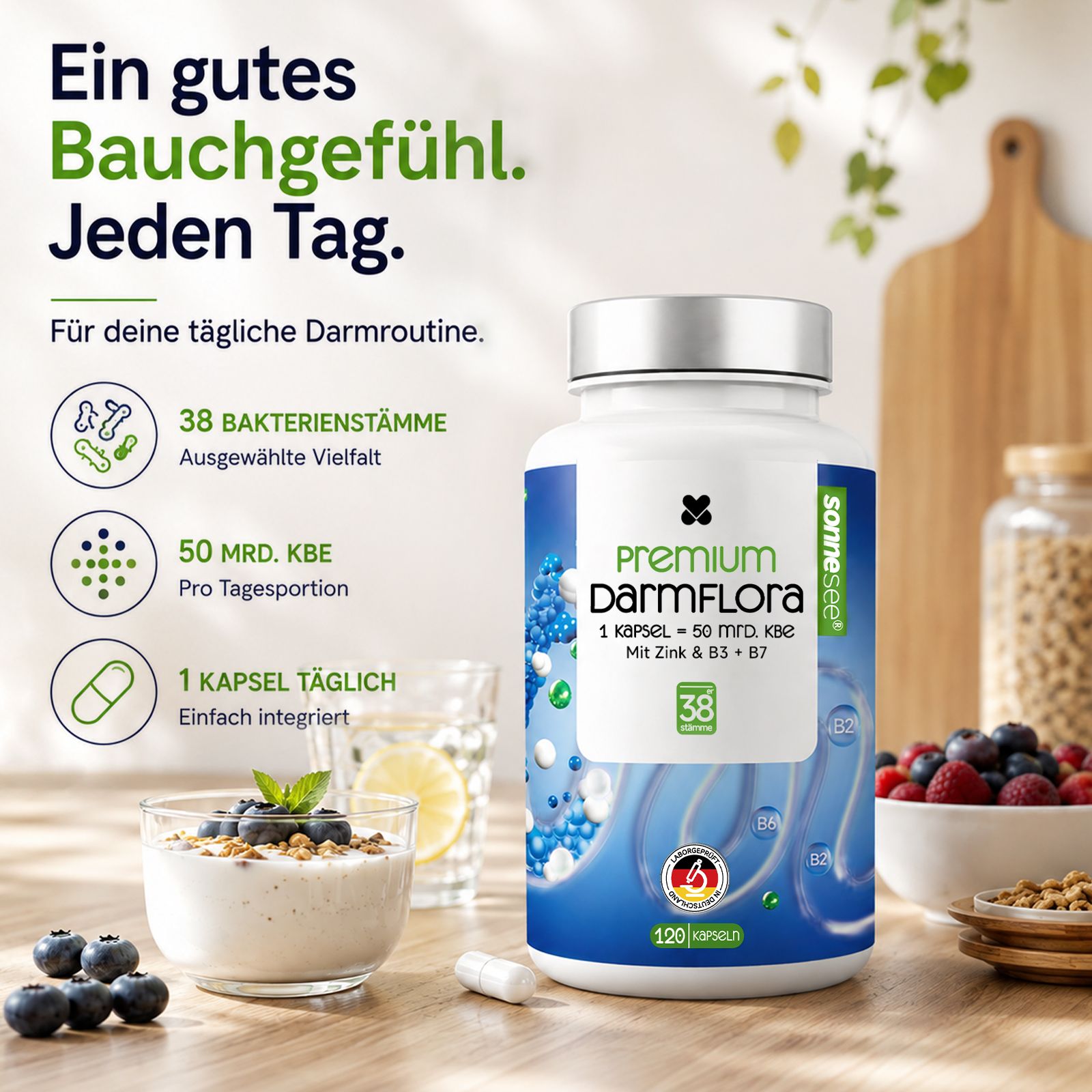 Flasche mit Produktetikett neben einer Schüssel Müsli und einem Glas Wasser, mit Fokus auf Darmgesundheit.
