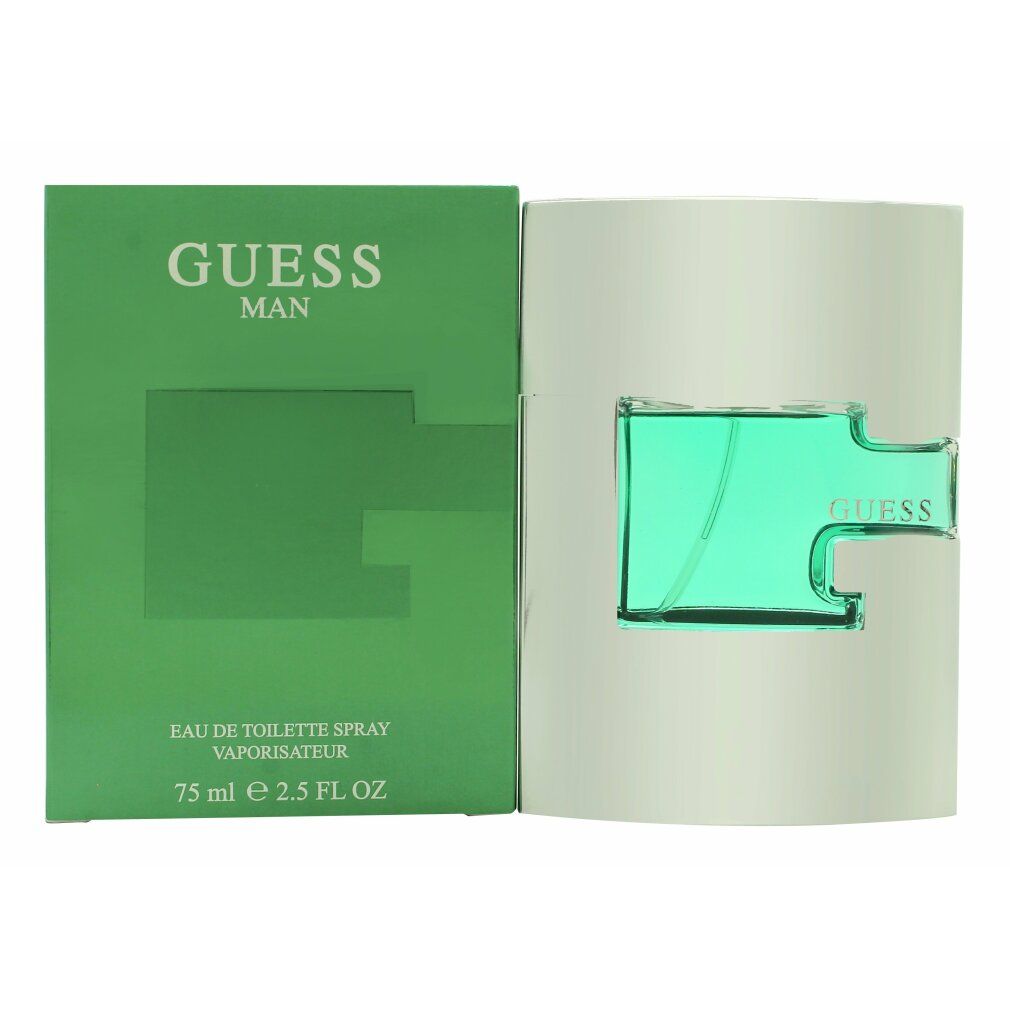Grüne Verpackung und Flakon. Flakon mit grüner Flüssigkeit. Schriftzug GUESS MAN. Eau de Toilette Spray.