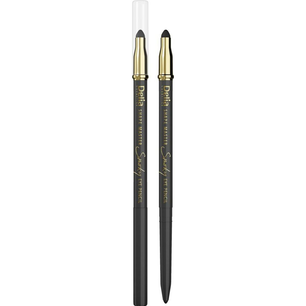 Zwei schwarze Augenstifte mit goldfarbenen Akzenten und der Aufschrift "Delia Shape Master Smoky Eye Pencil". Einer mit Kappe.