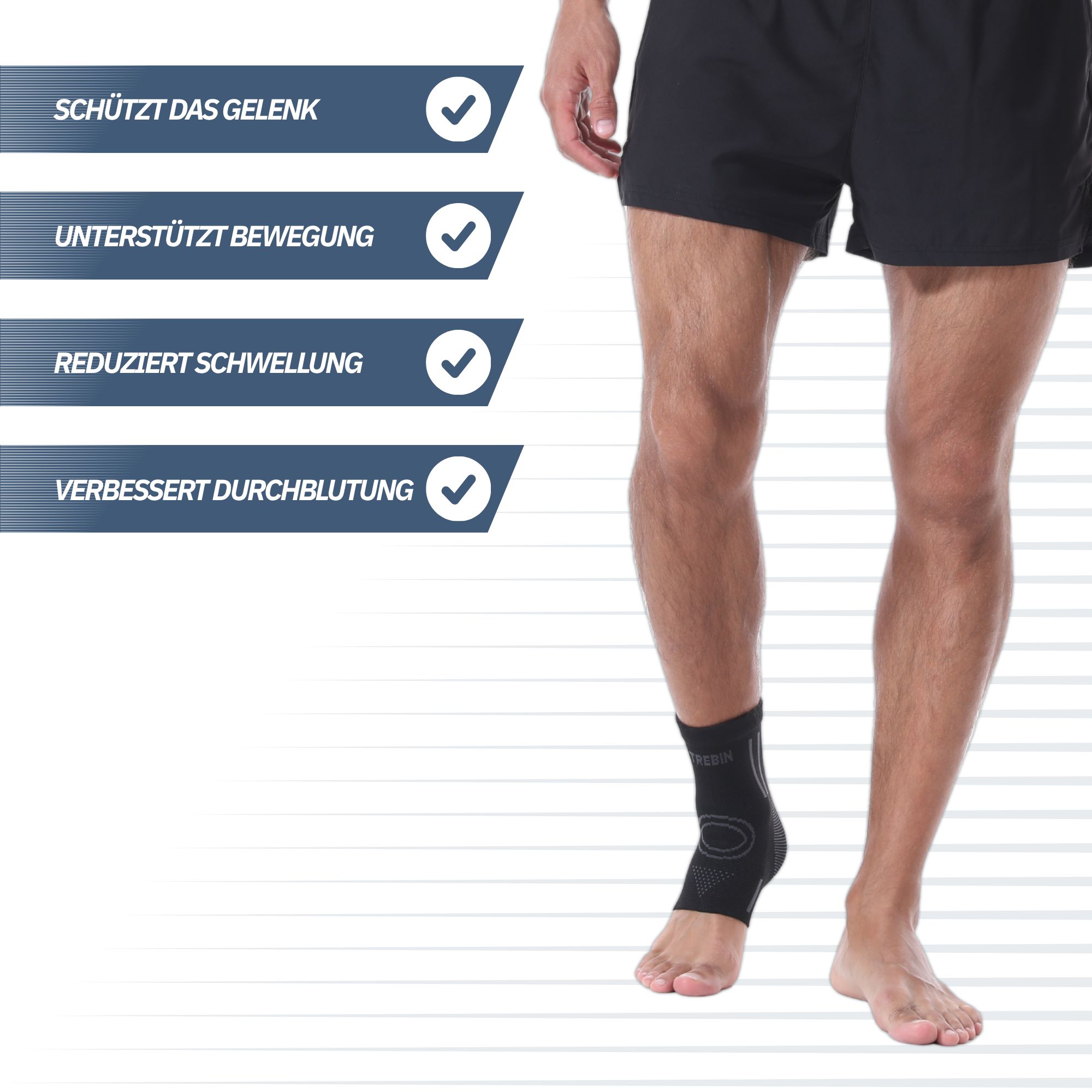 Schwarze Bandage für das Sprunggelenk mit Textaufdruck und Häkchen-Symbolen.