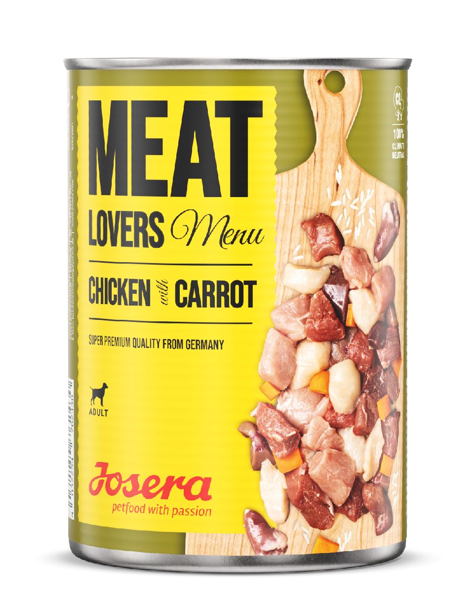 Dose JOSERA Meat Lovers Menu Chicken mit Karotte. Aufschrift 'Meat Lovers Menu', 'Chicken & Carrot' und 'Super Premium Quality from Germany'.