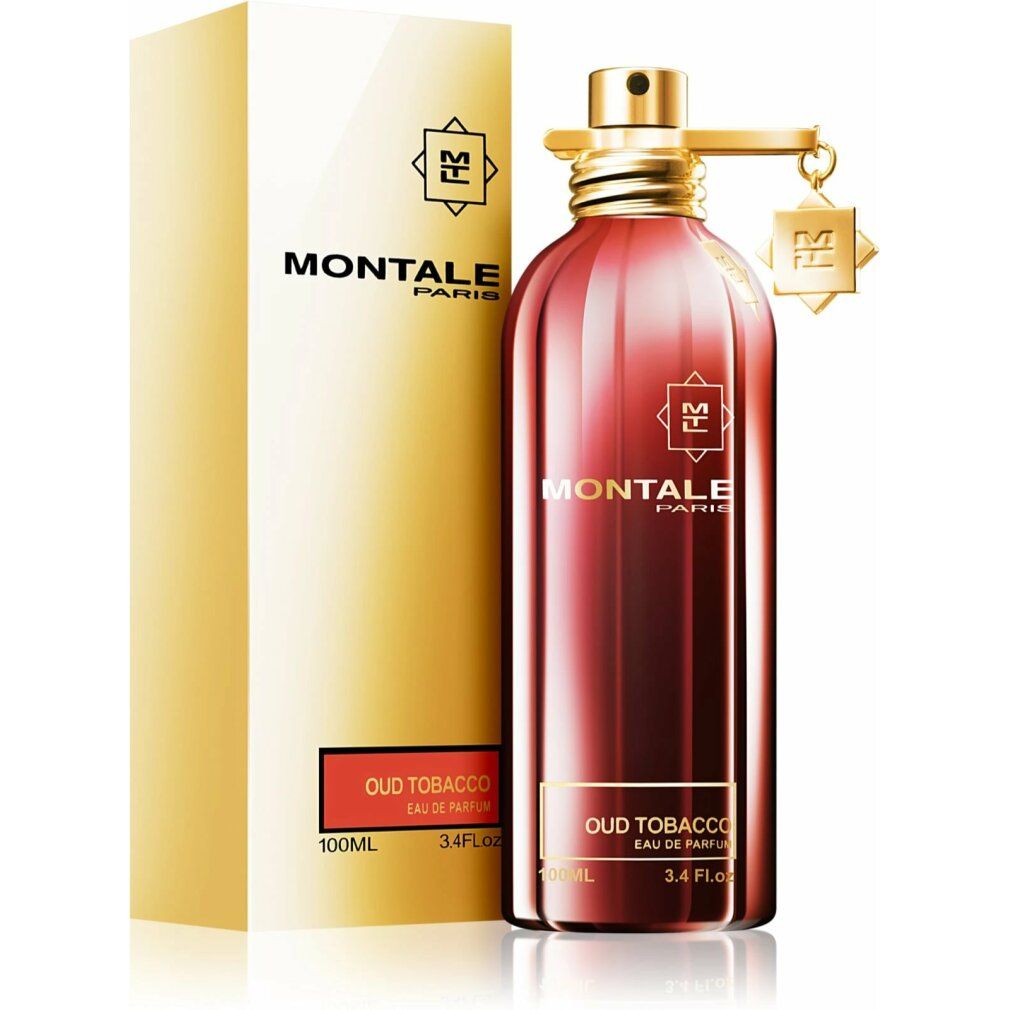 Rote Flasche mit goldfarbenem Verschluss und Anhänger, neben goldfarbener Verpackung. Aufschrift: MONTALE PARIS, Oud Tobacco.