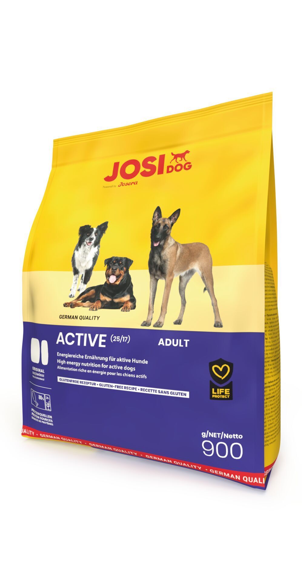 JosiDog Active Hundefutter, 900g Beutel mit drei Hunden auf der Vorderseite.