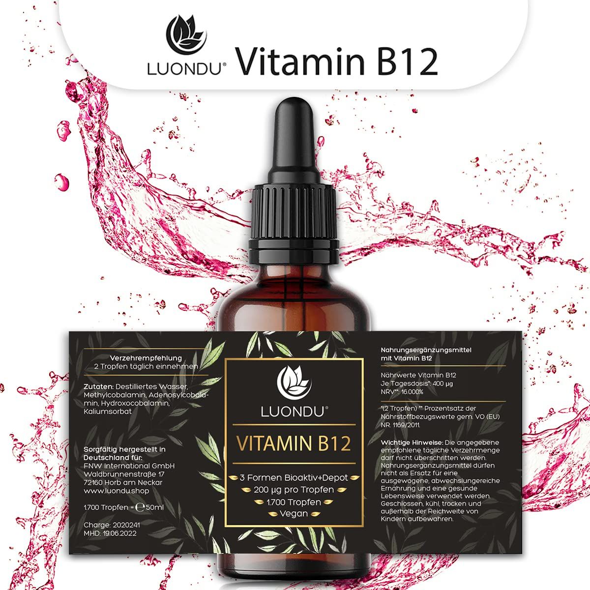 Braune Glasflasche mit Tropfer und Etiketten. Aufschrift: Luondu Vitamin B12, 200 µg pro Tropfen, vegan. Zusätzliche Informationen auf Etiketten.