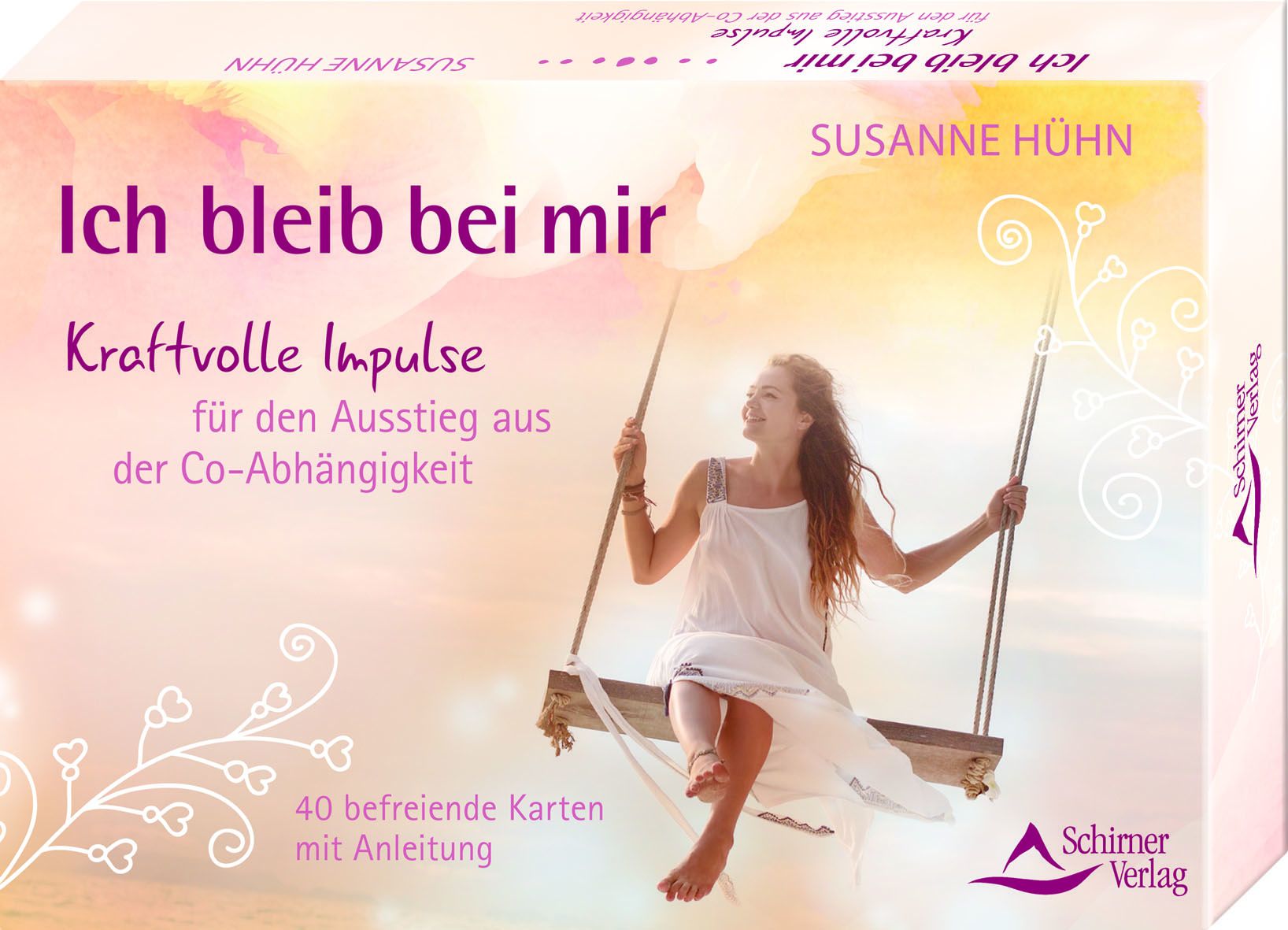Kartenbox mit Titel "Ich bleib bei mir". Aufdruck: Frau auf Schaukel, Text, Logo Schirner Verlag. 40 Karten mit Anleitung.