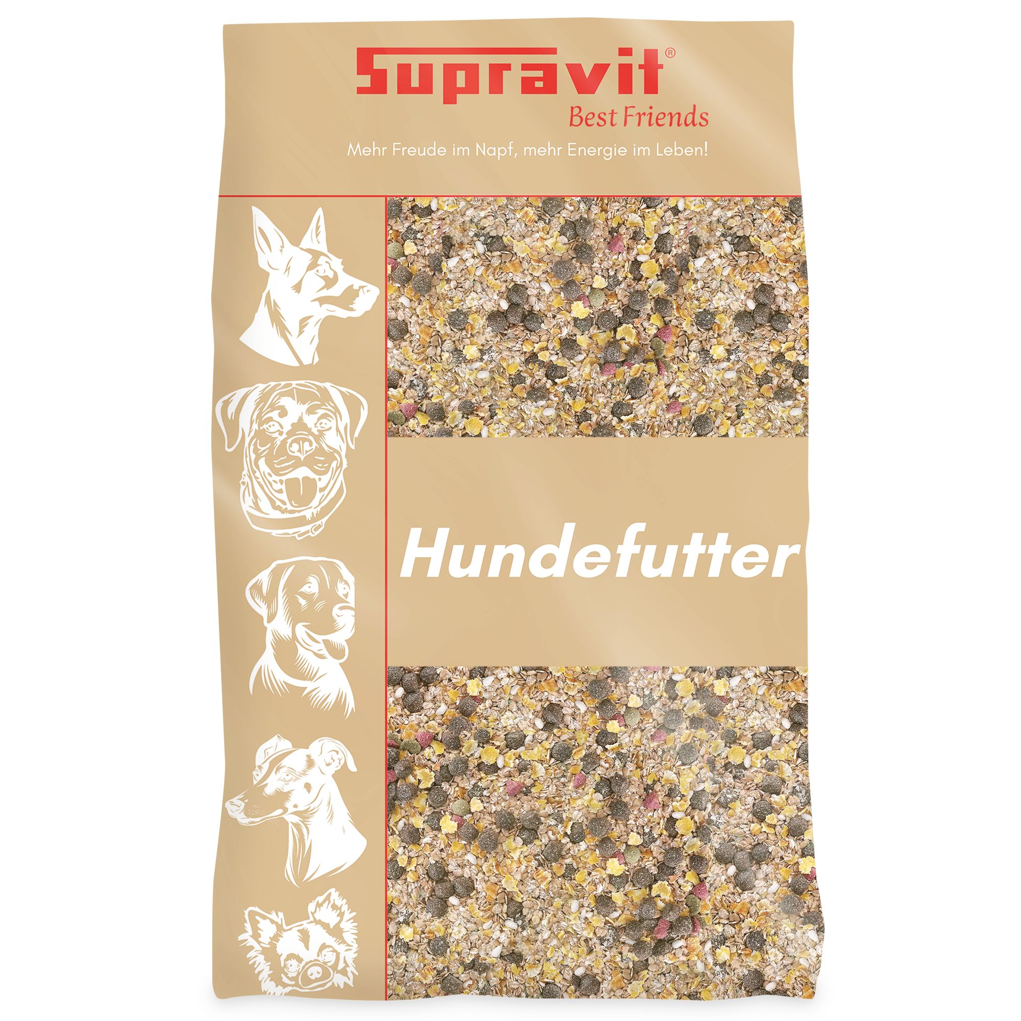 Verpackung von Hundefutter. Marke: Supravit Best Friends. Text: Hundefutter. Abbildung von Hunderassen.