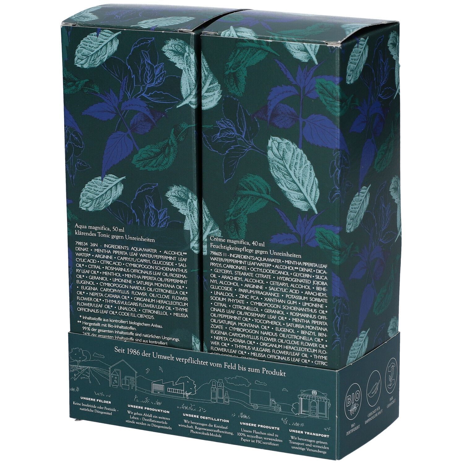 Rückseite der Geschenkbox. Text mit Inhaltsstoffen und Informationen. Sanoflore-Logo und Bio-Zertifizierung.