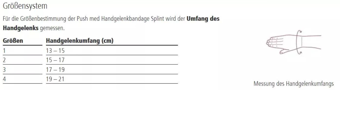 Größentabelle für Handgelenkbandage. Größen 1-4, Handgelenkumfang in cm. Illustration: Messung des Handgelenkumfangs.
