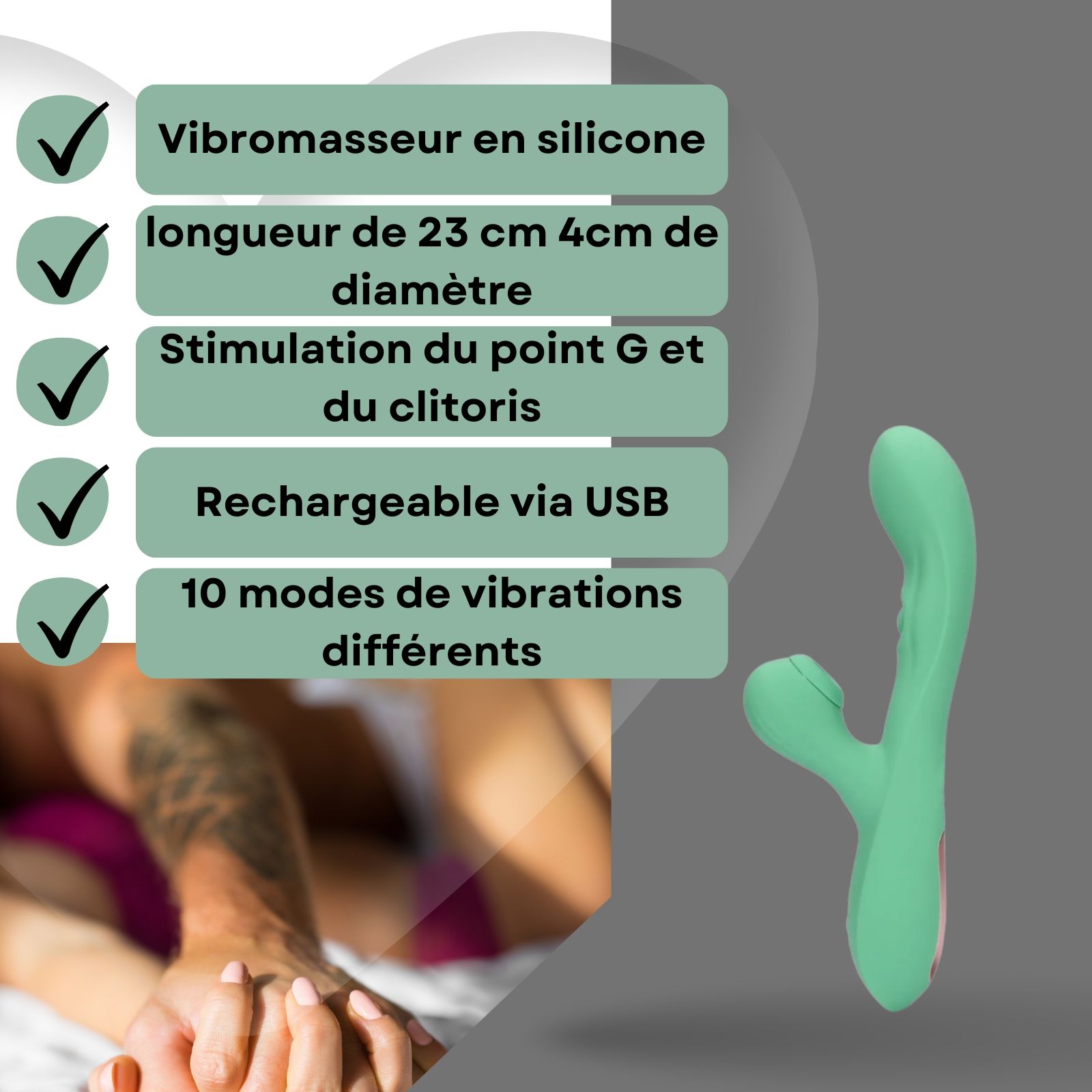 Vibrateur vert, texte: Vibrateur en silicone, 23cm long, 4cm diamètre, stimulation point G, rechargeable USB.