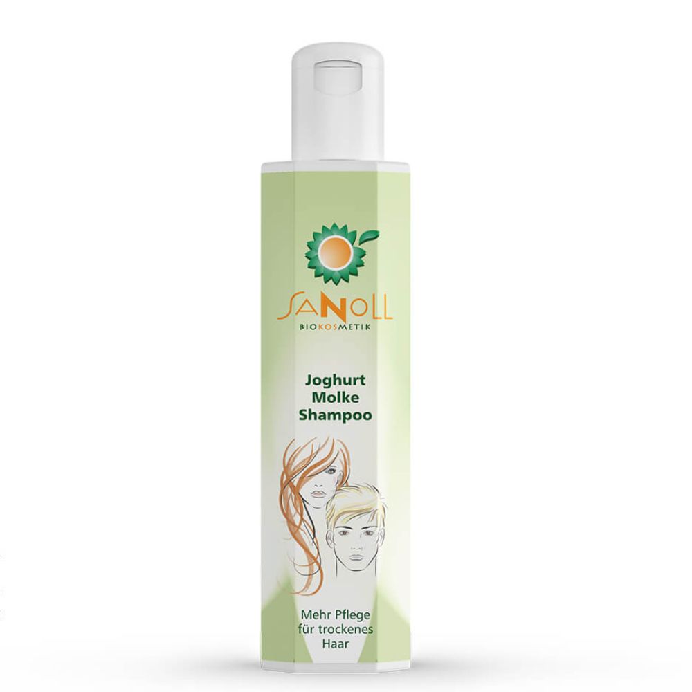 Grüne Flasche mit weißem Deckel. Aufschrift: Sanoll Biokosmetik, Joghurt Molke Shampoo. Illustration von Frau und Mann. Text: Mehr Pflege für trockenes Haar.