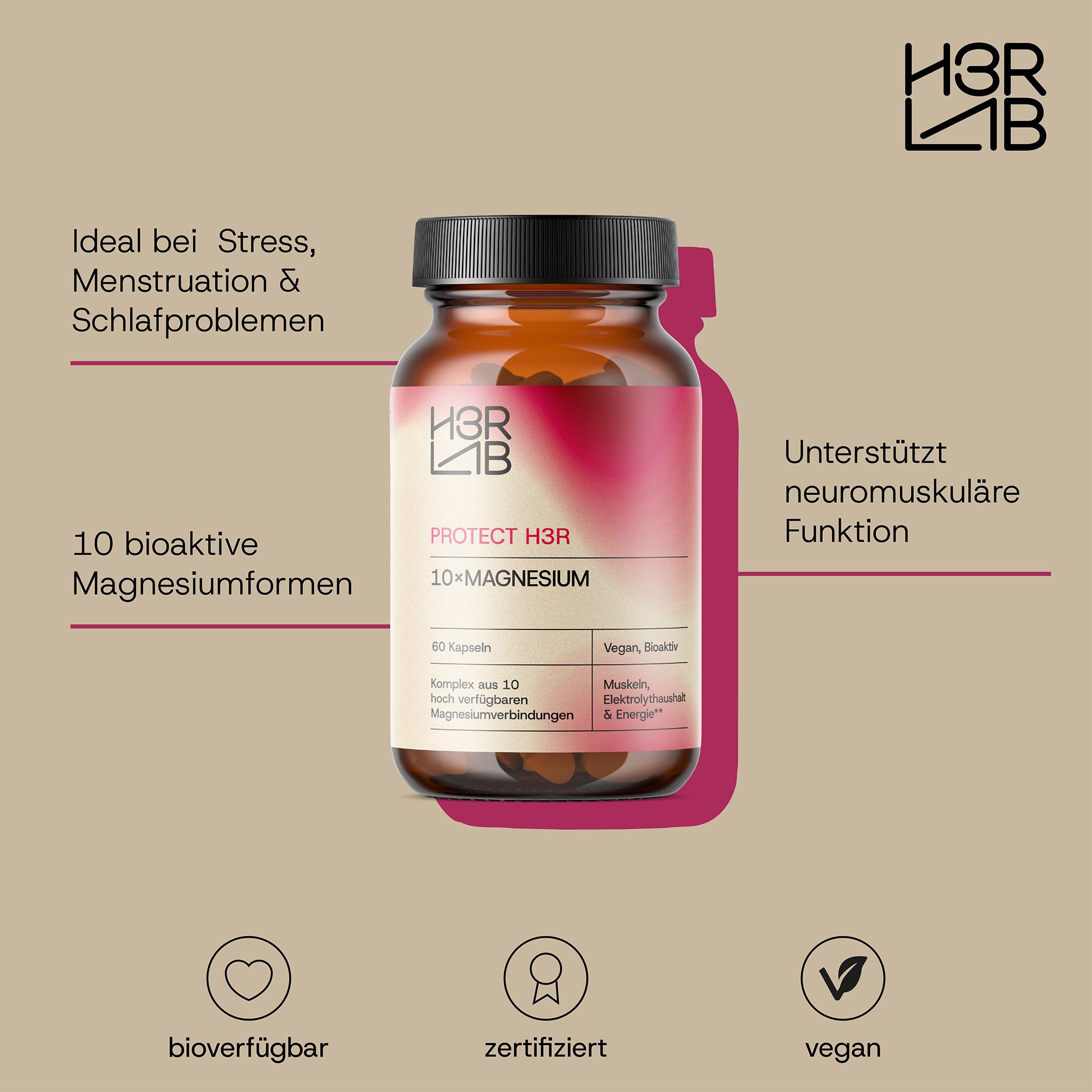 Braune Glasflasche mit Etikett. Produktname und Logo. Zusätzliche Informationen und Icons.