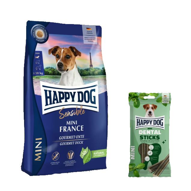 Happy Dog Sensible Mini France + Dental Sticks für Hunde 4,1 kg