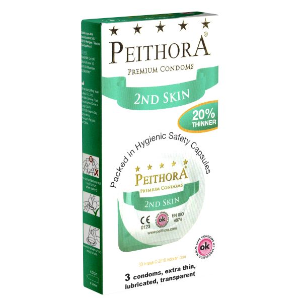 Verpackung mit Kondomen. Marke Peithora, 2nd Skin. 3 Kondome, extra dünn, transparent, CE-Kennzeichnung und ok-Siegel.