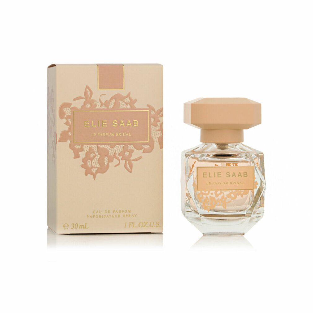 Damenparfüm Elie Saab Le Parfum Bridal, Flakon und Verpackung. Flakon mit beigem Verschluss, Verpackung mit floralem Muster.