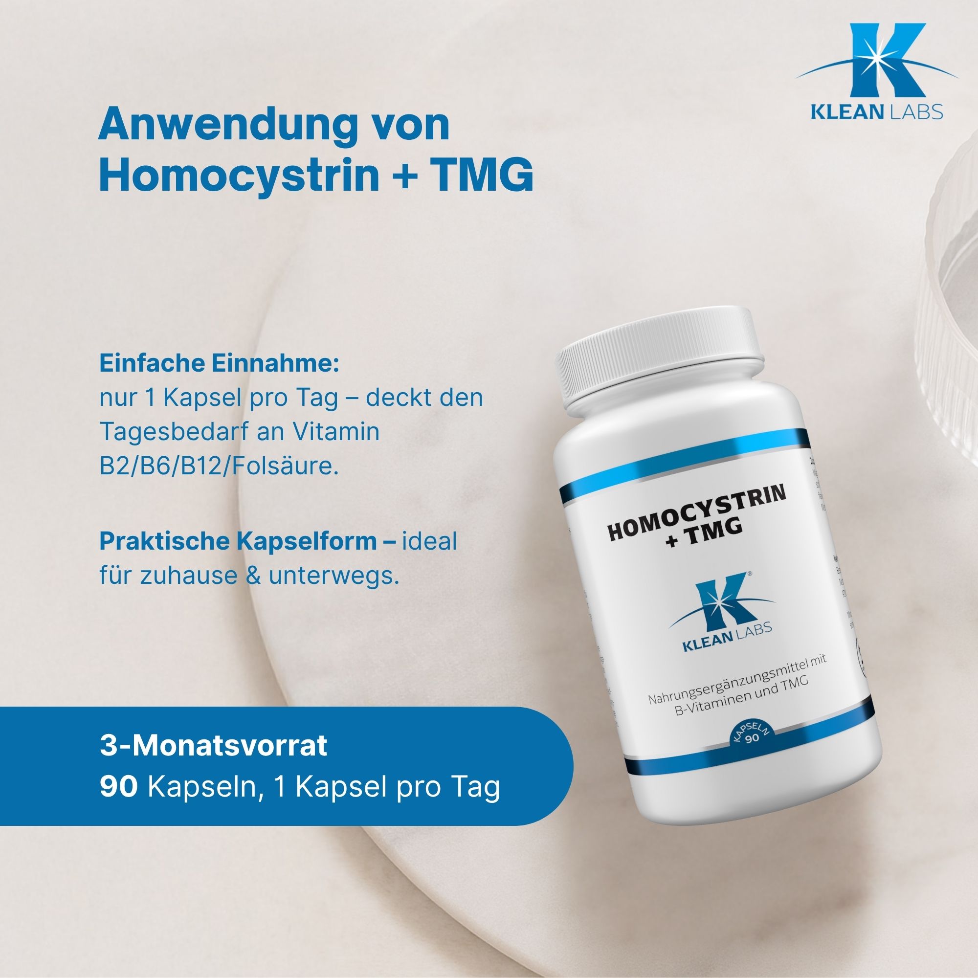 Grafik mit Flasche. Anwendung von Homocystrin + TMG. Einnahme: 1 Kapsel pro Tag. 3-Monatsvorrat: 90 Kapseln.