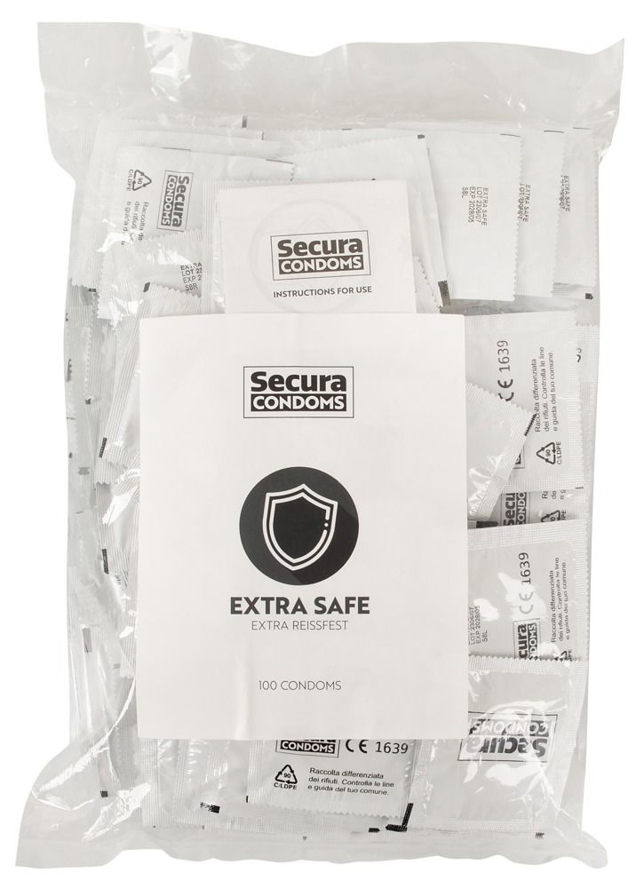 Verpackung mit Kondomen und einer Informationskarte. Aufschrift: Secura Condoms, Extra Safe, 100 Kondome. Schild-Symbol.
