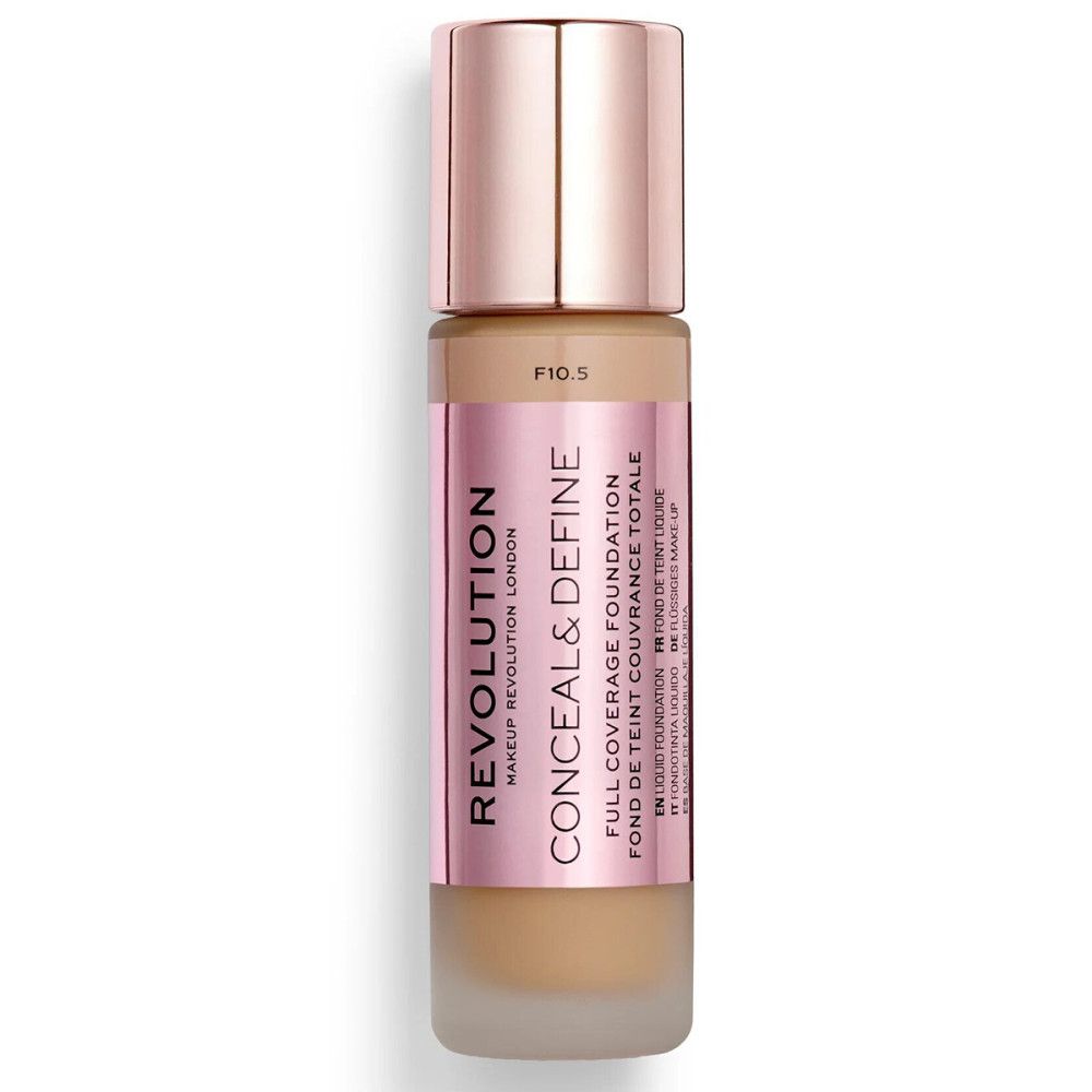 Flüssige Foundation in einer Glasflasche mit roségoldfarbenem Deckel. Aufschrift: REVOLUTION, CONCEAL & DEFINE, F10.5.