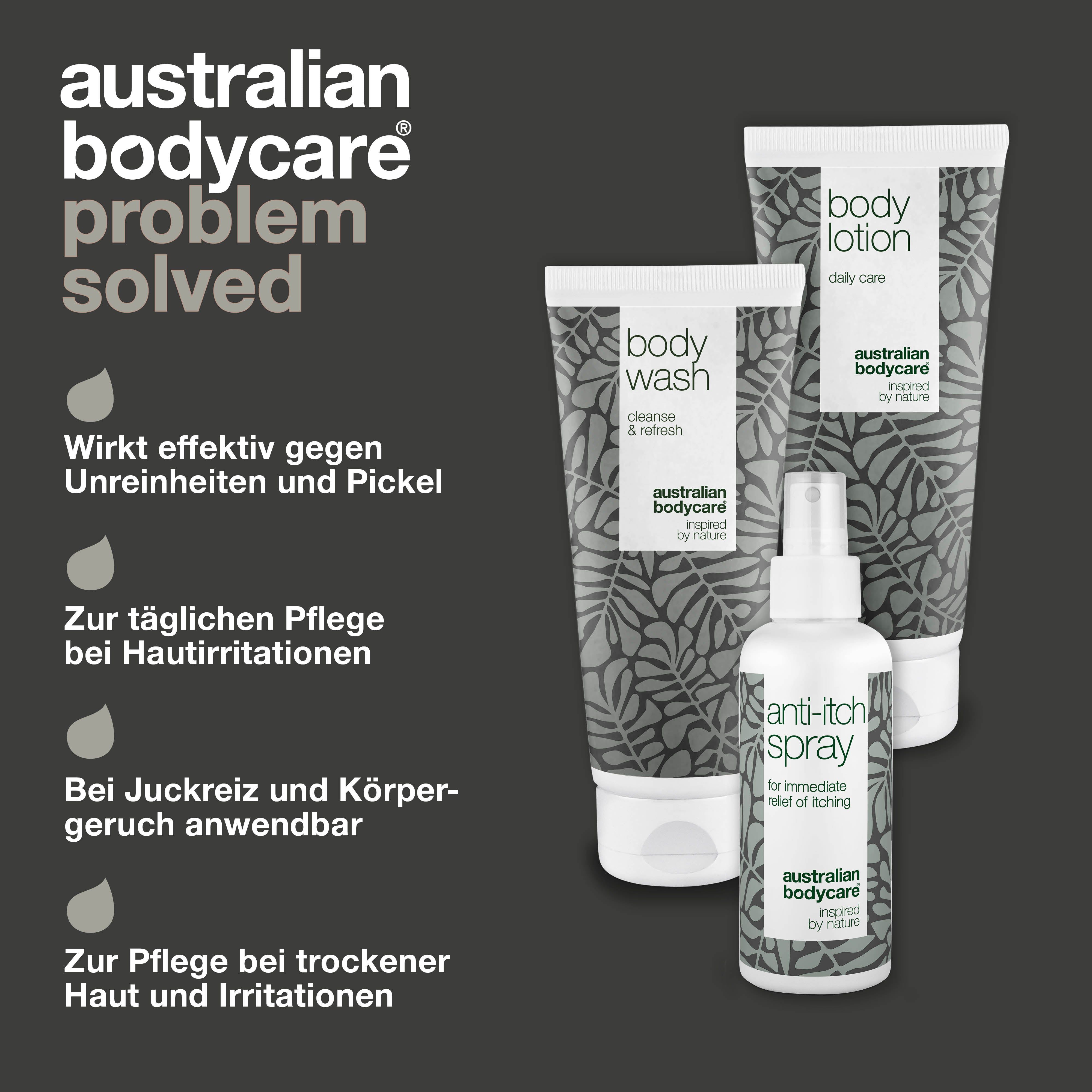Drei Produkte von Australian Bodycare: Body Wash, Body Lotion und Anti-Juckreiz-Spray. Schwarzer Hintergrund.