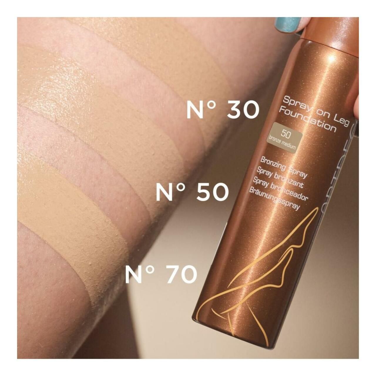 Bein mit drei Foundation-Farbtönen: N°30, N°50, N°70. Artdeco Spray on Leg Foundation daneben. Farbton 50 Bronze Medium.