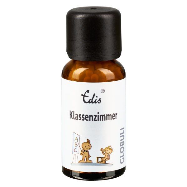 Braune Glasflasche mit schwarzem Deckel und Etikett. Aufschrift: Edis Klassenzimmer Globuli. Abbildung von Kindern.