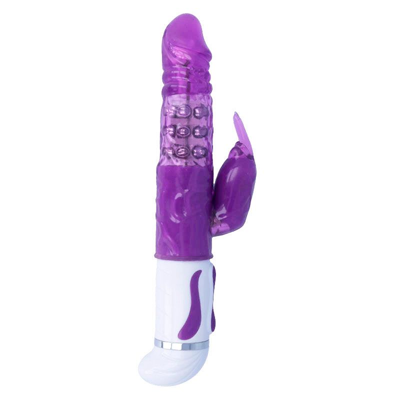 Lila Vibrator mit geriffelter Oberfläche und Hasenohren. Weißer Griff mit lila Akzenten. Auf weißem Hintergrund.