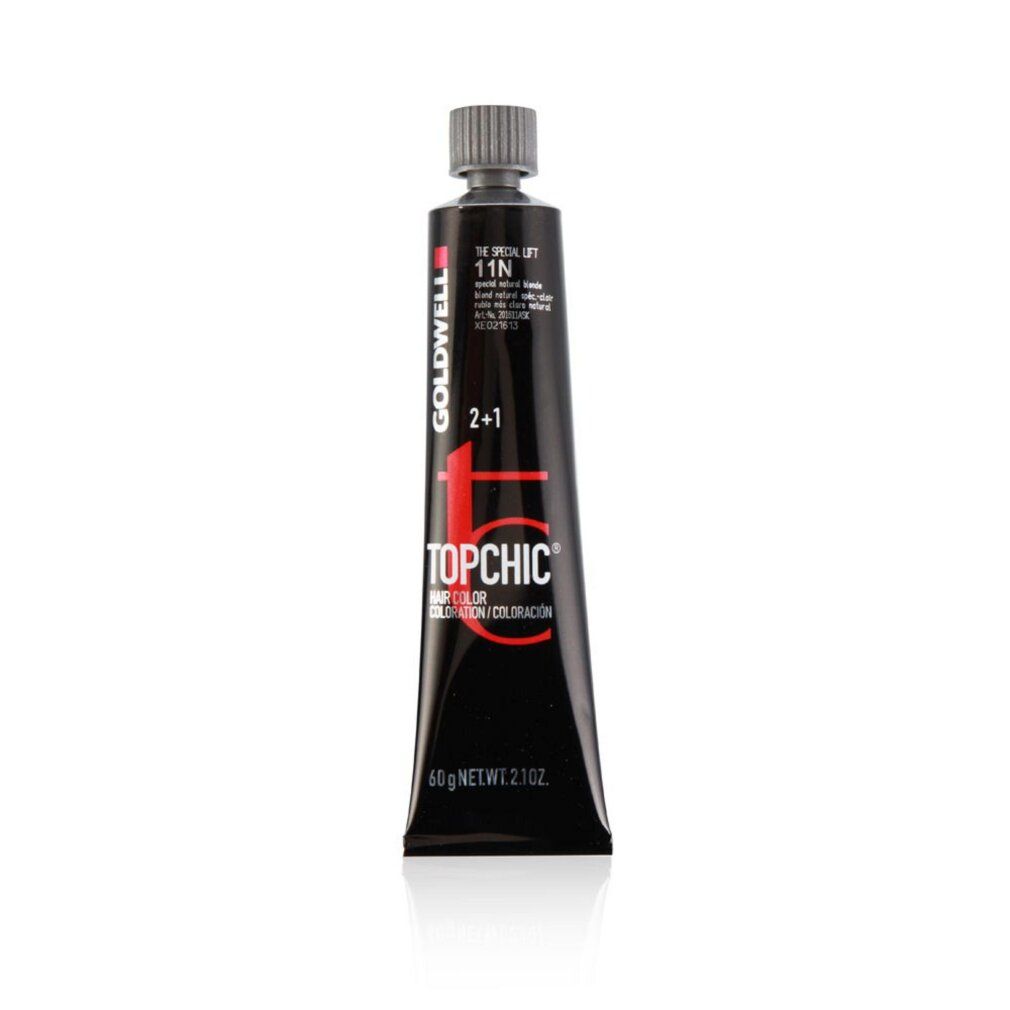 Goldwell Topchic Haarfarbe-Tube. Schwarze Tube mit roter Schrift. Gewicht: 60g.