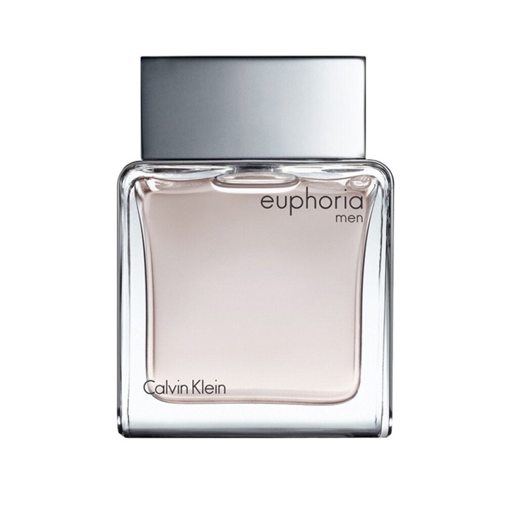 Parfümflakon. Aufschrift: euphoria men, Calvin Klein. Eckige Form, helles Glas, silberfarbener Deckel.