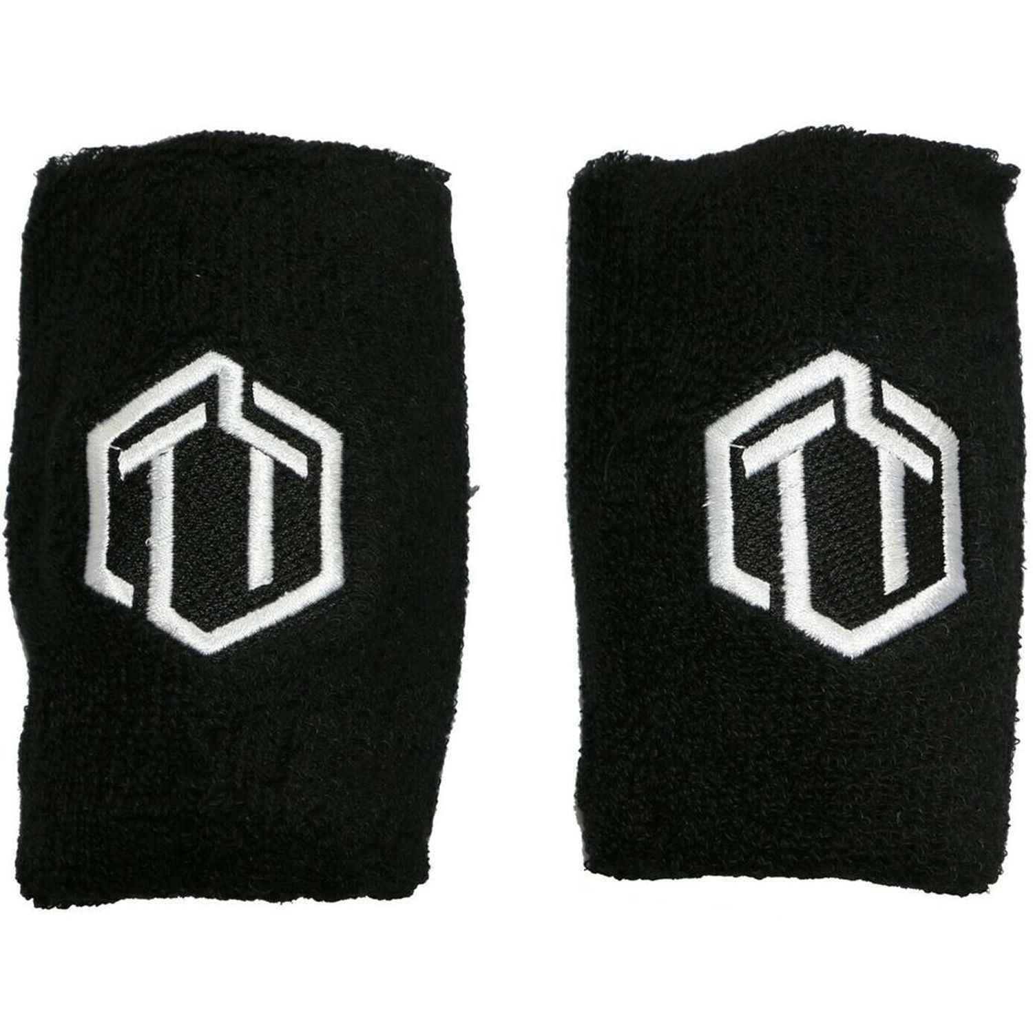 Zwei schwarze Handgelenkschützer mit weißem Logo. Weiches Material, Logo-Stickerei.