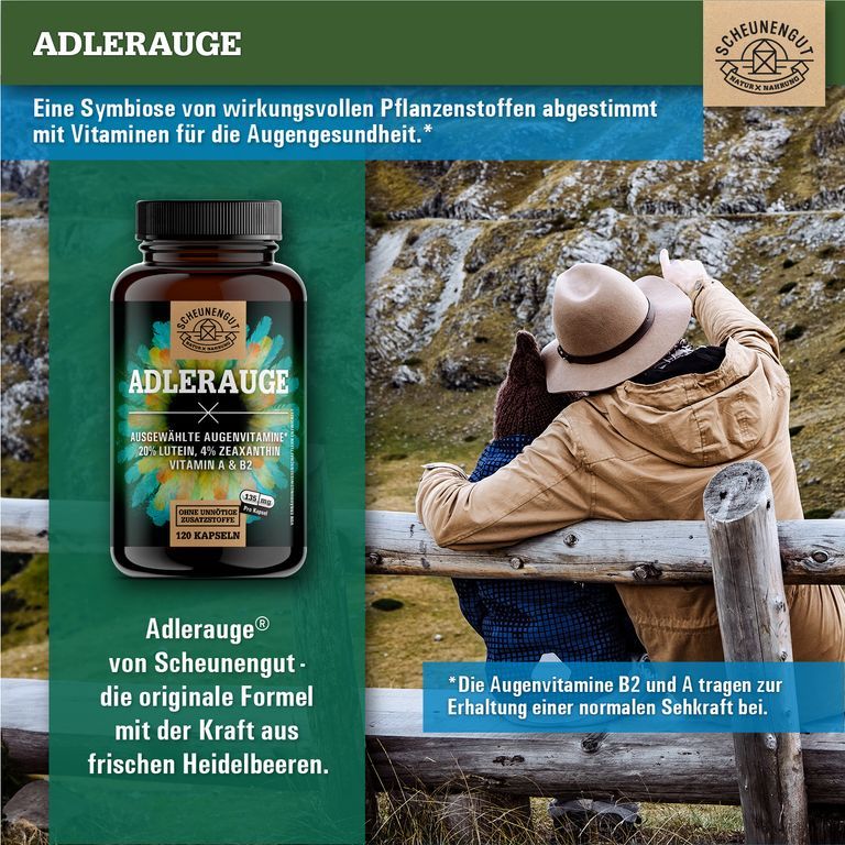 Dose Scheunengut ADLERAUGE neben Person mit Hut, die auf Landschaft blickt.