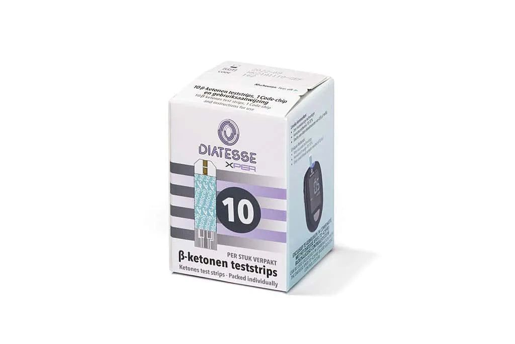 Verpackung mit 10 Diatesse XPER β-Keton-Teststreifen. Die Packung zeigt einen einzelnen Teststreifen und das Diatesse XPER Logo.