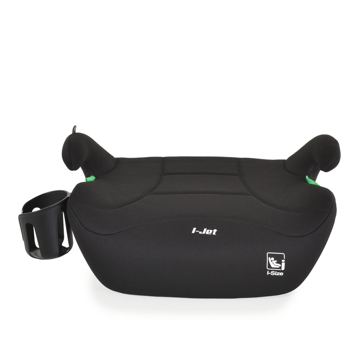 Schwarzer Kindersitz-Booster mit Armlehnen und Getränkehalter.