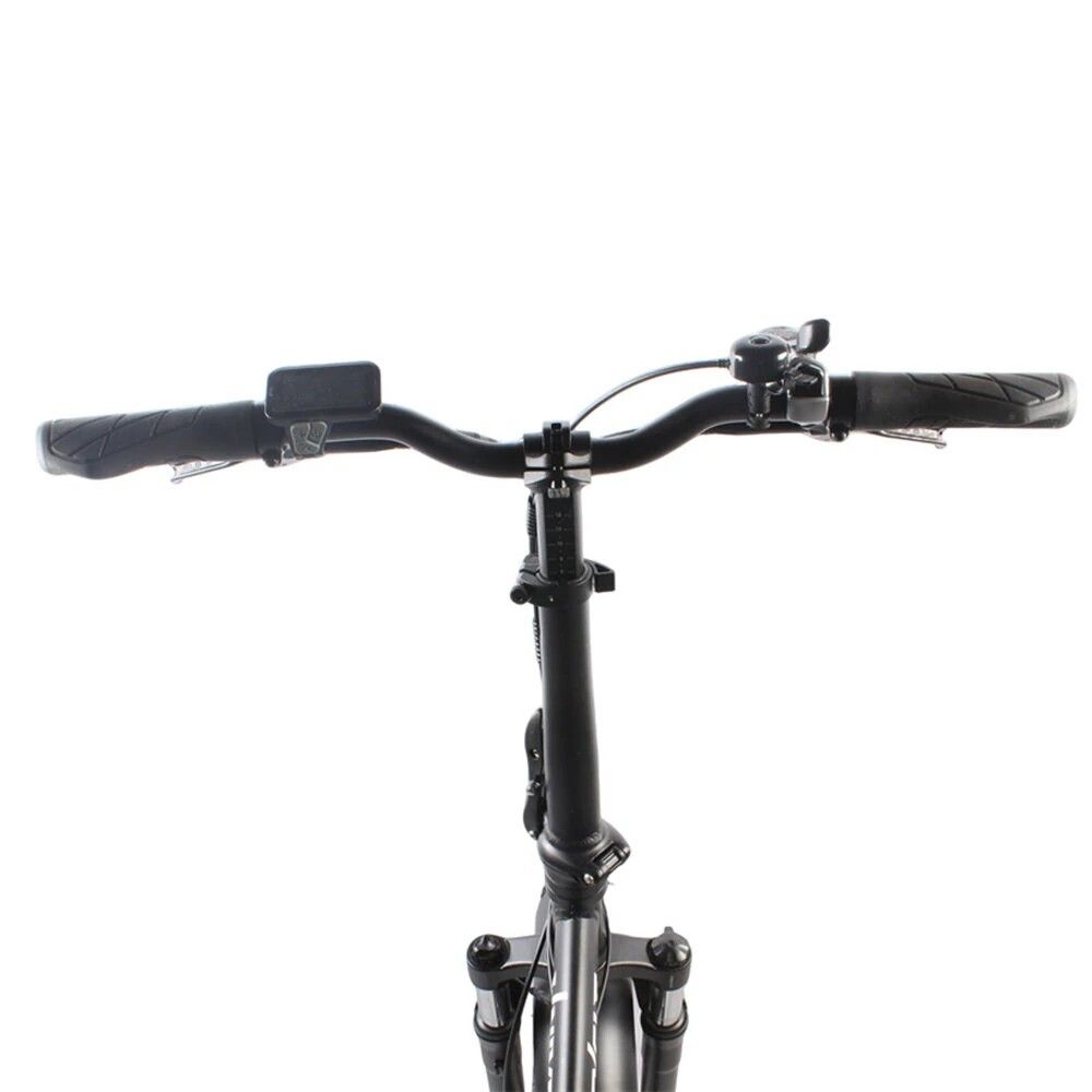 Lenker eines E-Bikes. Schwarze Griffe, Klingel und Bedienelemente.