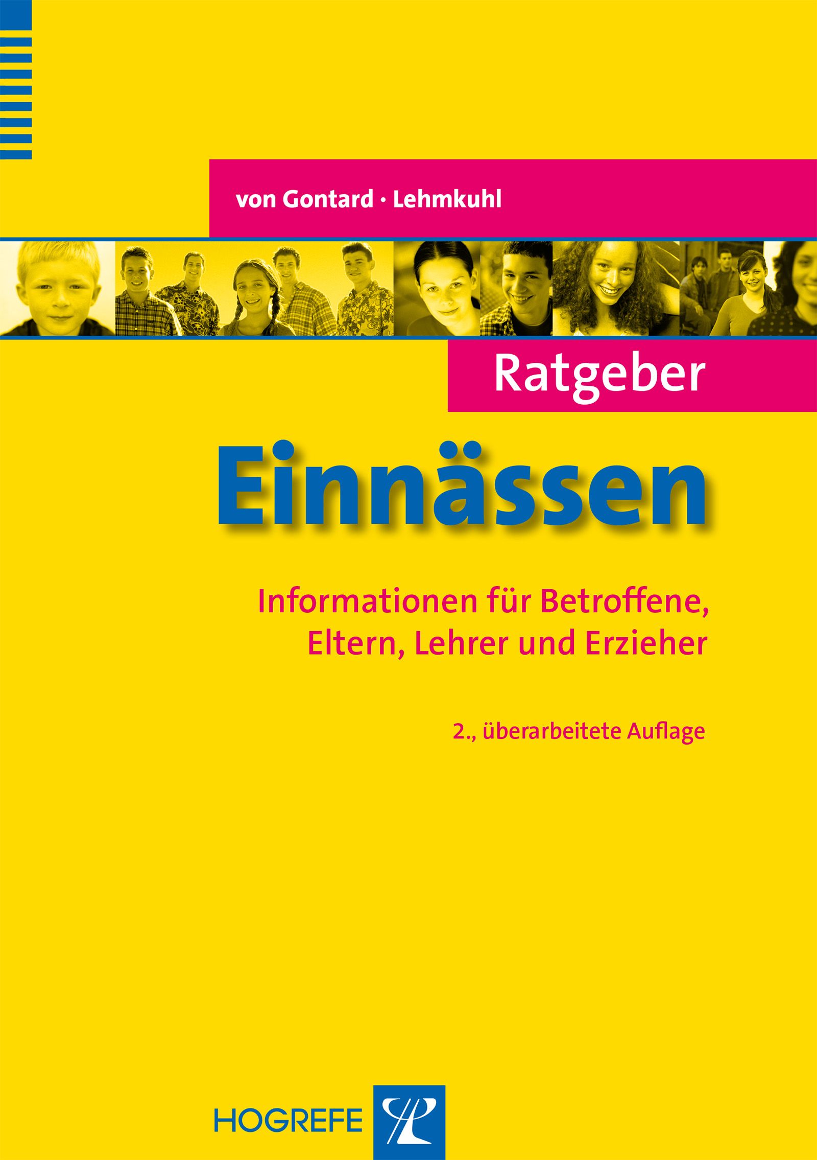 Buchcover "Ratgeber Einnässen". Gelber Hintergrund, Titel in Blau. Informationen für Betroffene, Eltern, Lehrer und Erzieher.