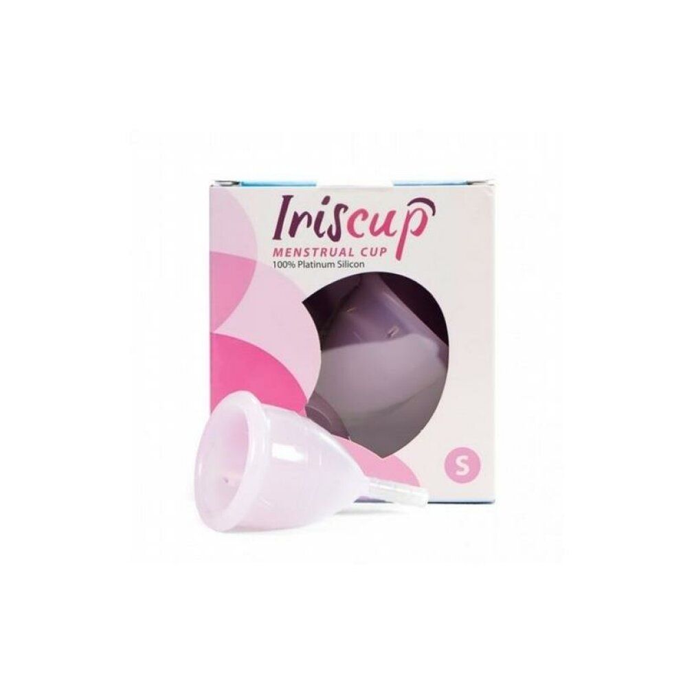 Iriscup Menstruations-Tasse in Verpackung. Rosa Produktabbildung auf weißem Hintergrund. Größe S.