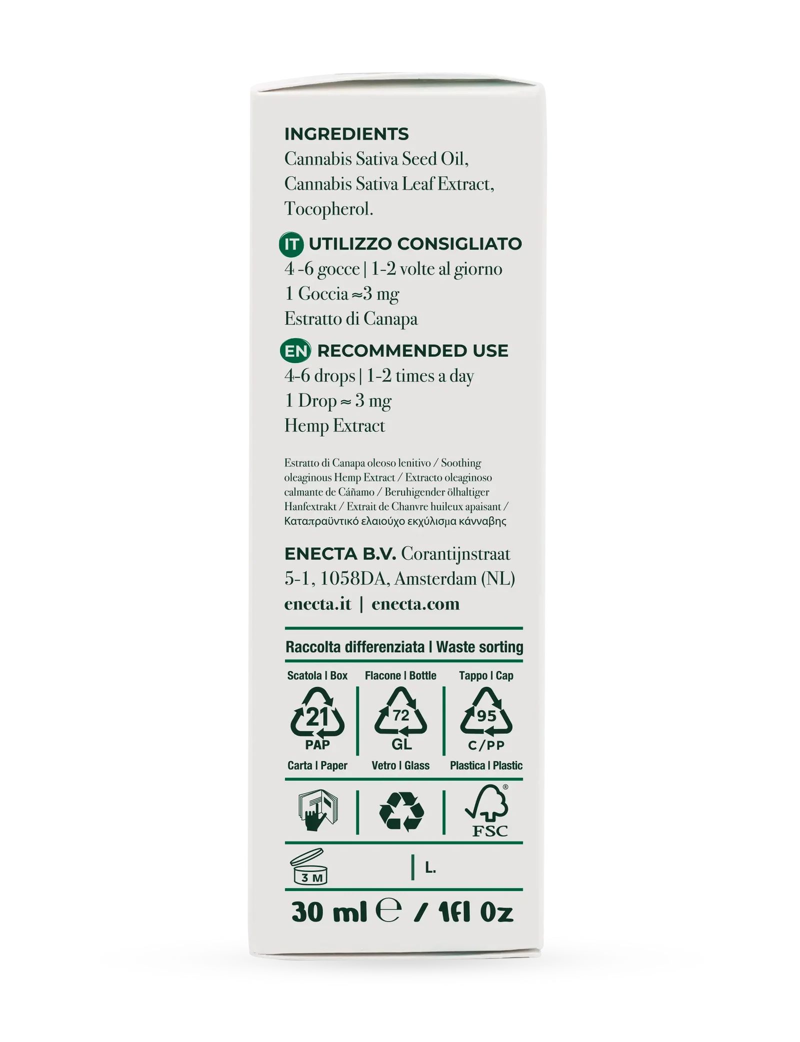 Weiße Verpackung mit Inhaltsstoffen und Gebrauchsanweisung in Italienisch und Englisch. Logo: Enecta.