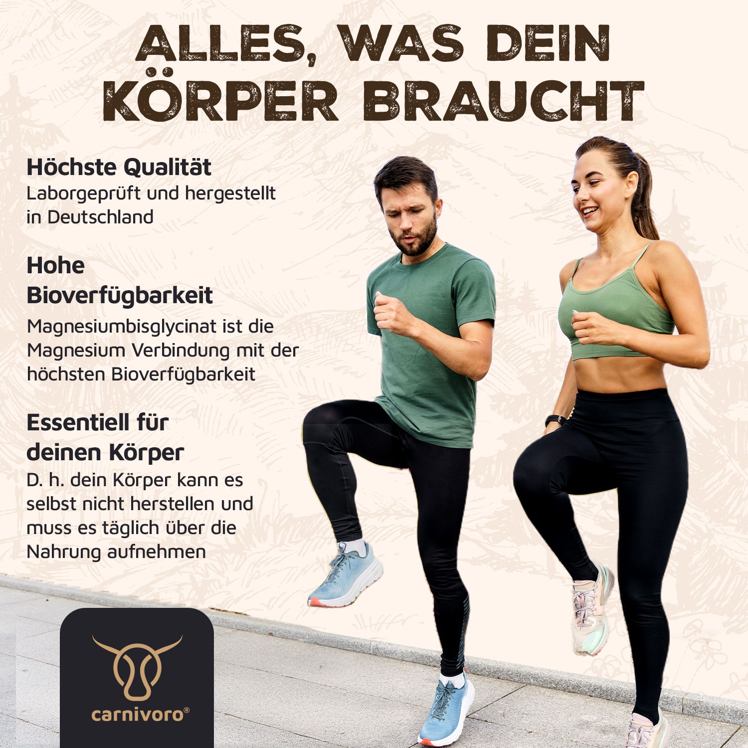 Paar beim Sport. Text: Höchste Qualität, hohe Bioverfügbarkeit, essentiell für deinen Körper. Logo carnivoro®.