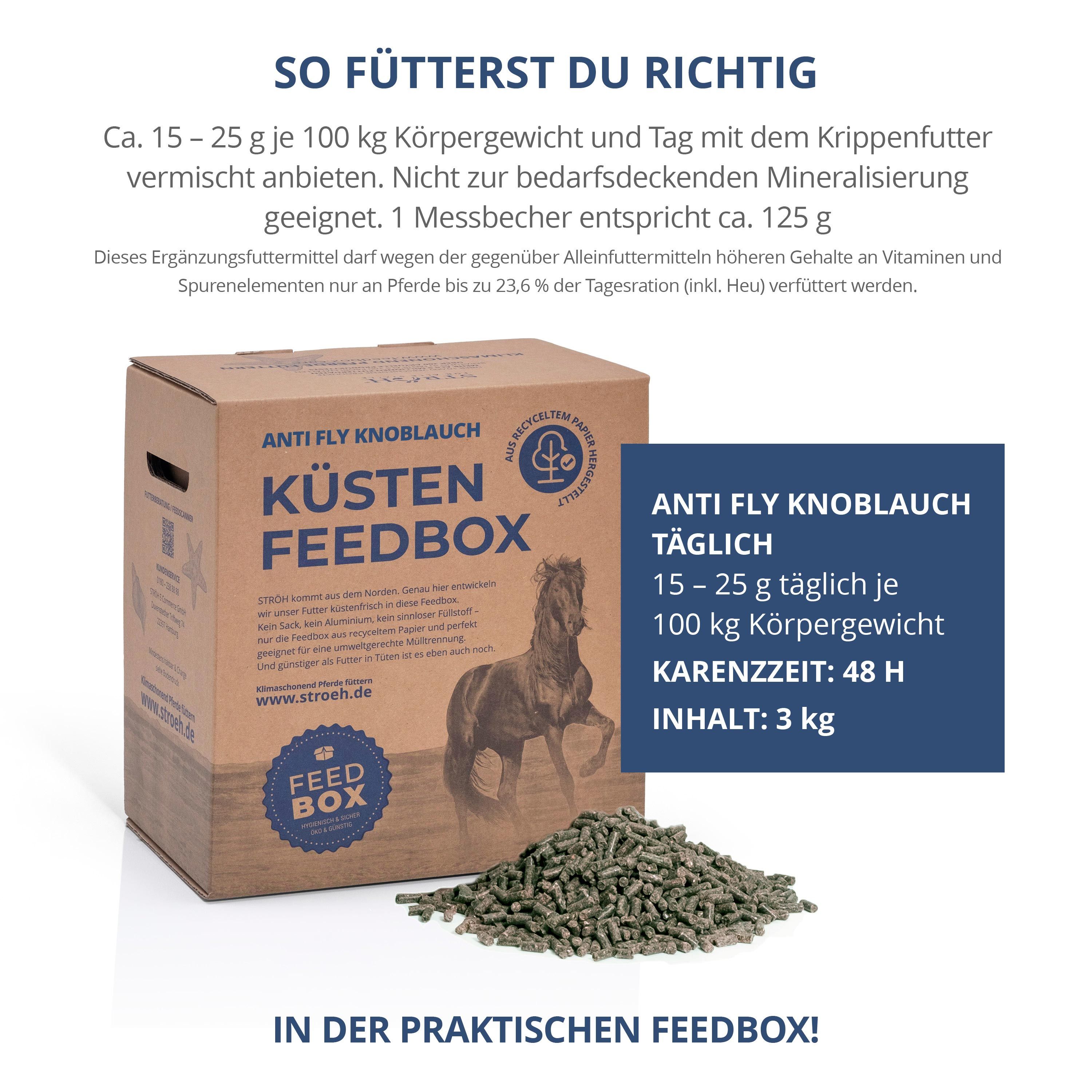 Karton "KÜSTEN FEEDBOX" mit Pellets und Haufen. Text: Anti Fly Knoblauch täglich. 15-25 g pro 100 kg Körpergewicht. Karenzzeit: 48 H. Inhalt: 3 kg. Mit Logo und Pferd.