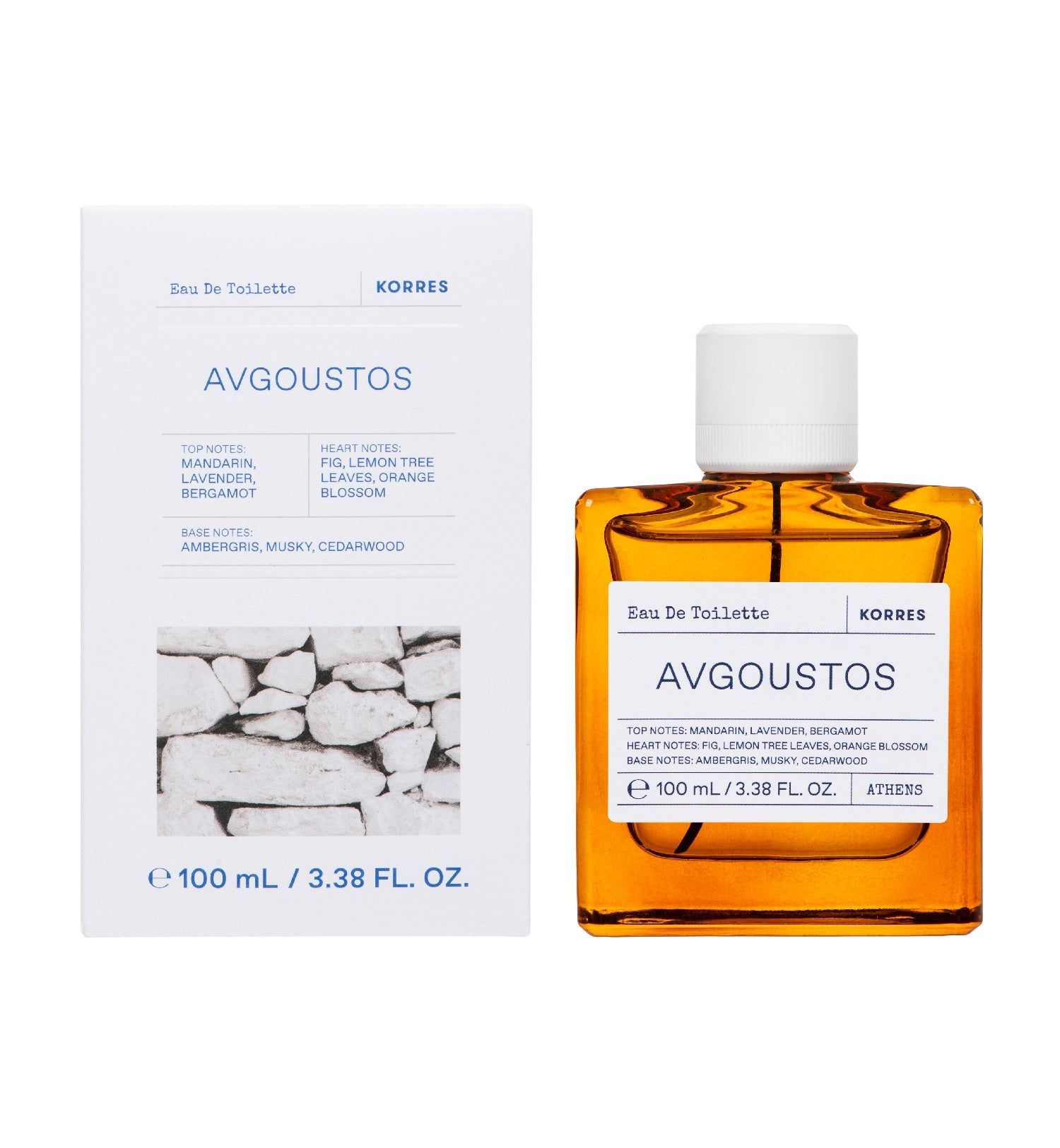 Flakon Eau de Toilette, quadratisch, bernsteinfarbenes Glas, weißer Deckel. Aufkleber mit Produktnamen und Inhaltsstoffen. Karton mit Produktinformationen.