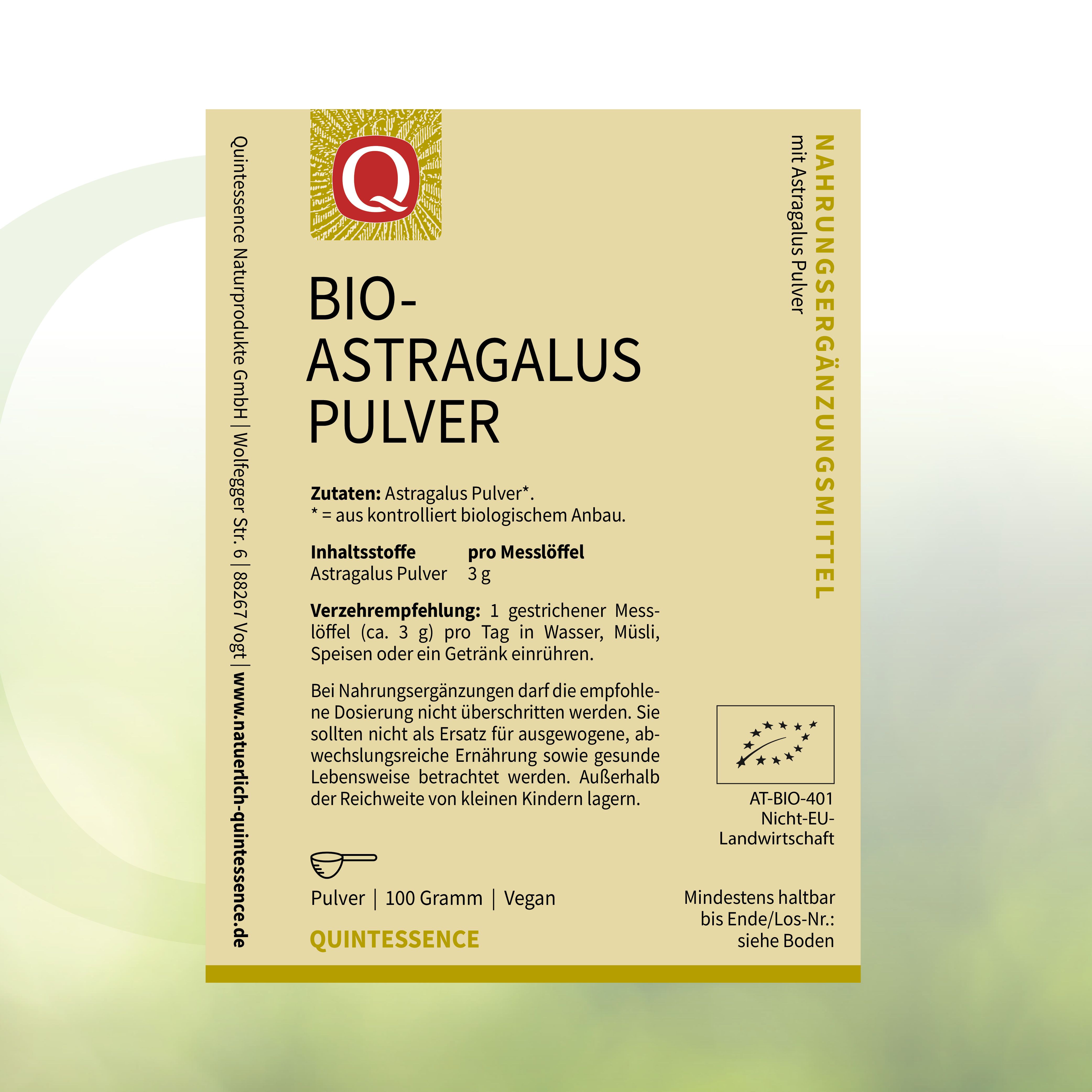 Etikett mit Produktinformationen. Aufschrift: BIO-Astragalus Pulver. Bio-Siegel. Marke Quintessence.