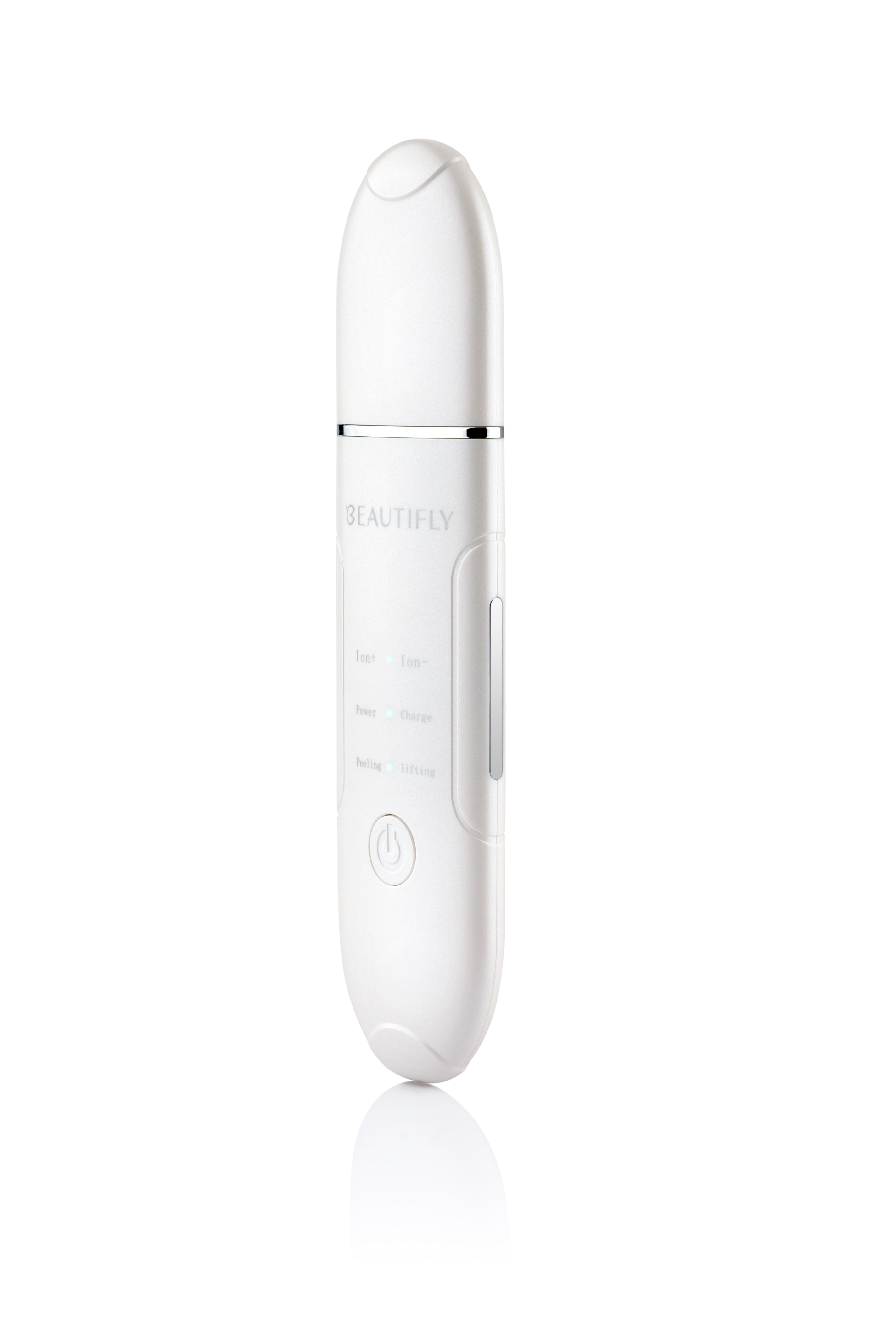 Weißes BEAUTIFLY B-Scrub Young Ultraschallpeelinggerät. Mit Touch-, Ion-, Power-, Charge-, Peeling- und Lifting-Funktionen. Mit Ein-/Ausschalter.