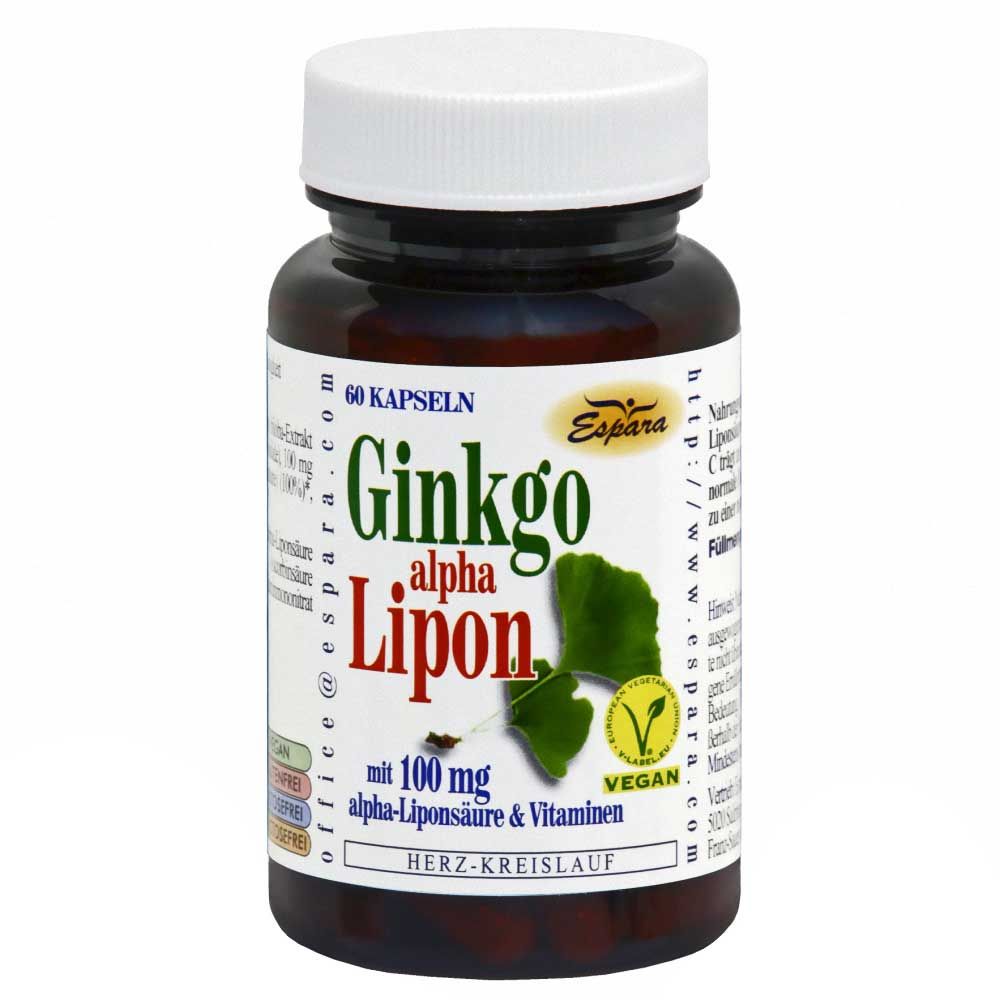 Braune Flasche mit weißen Deckel. Aufschrift: Ginkgo alpha Lipon, 60 Kapseln, vegan. Enthält 100 mg alpha-Liponsäure & Vitamine.